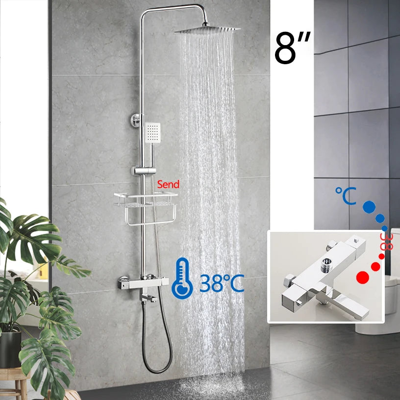 Luxury Chrome Polished Rainfall Wall Mounted Bathroom Shower Faucet Set Adjust Height Handle Shower Mixer Water Tap