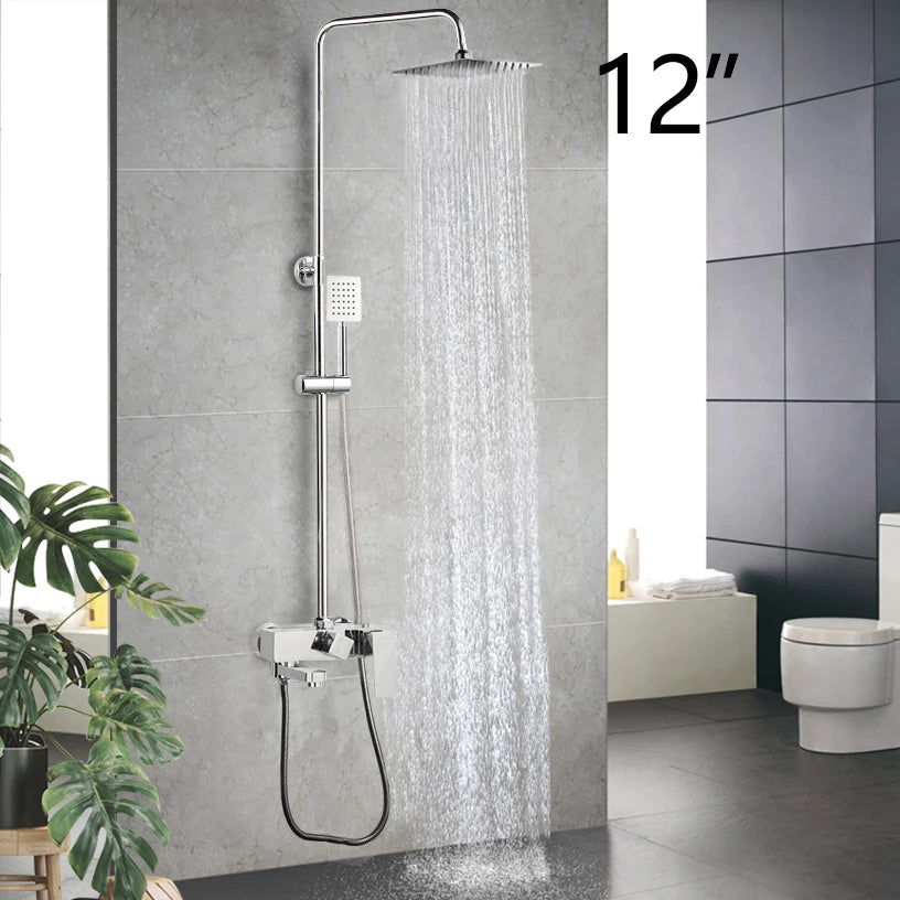Luxury Chrome Polished Rainfall Wall Mounted Bathroom Shower Faucet Set Adjust Height Handle Shower Mixer Water Tap