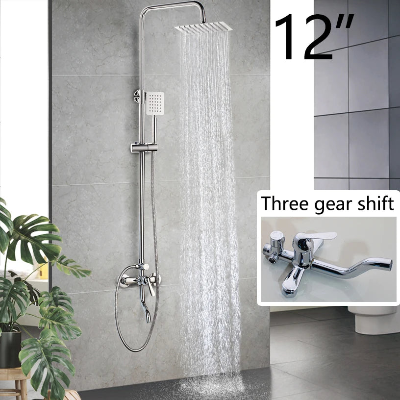 Luxury Chrome Polished Rainfall Wall Mounted Bathroom Shower Faucet Set Adjust Height Handle Shower Mixer Water Tap
