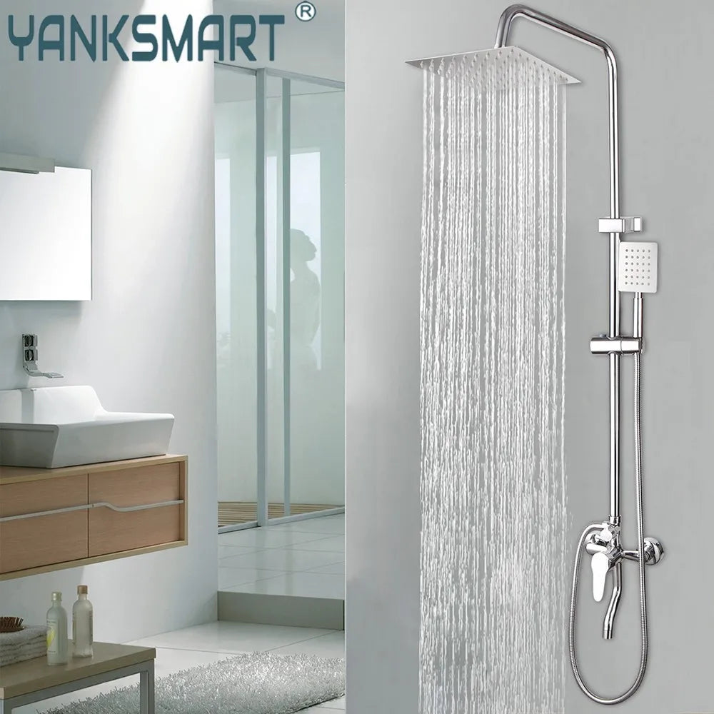 Luxury Chrome Polished Rainfall Wall Mounted Bathroom Shower Faucet Set Adjust Height Handle Shower Mixer Water Tap